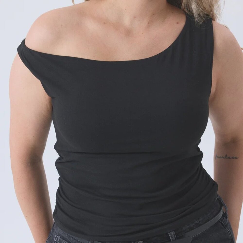 Black asymetrical off the shoulder top with built in bra - Large